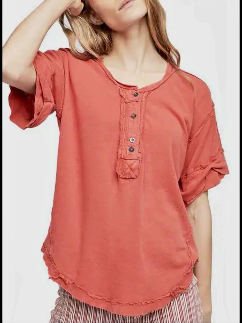 We The Free Heritage Henley Ruffled Button-Front Tunic in Red Henna Size XS NWT